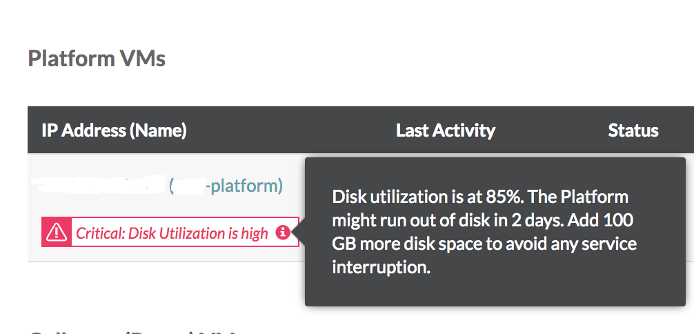 An example of a disk utilization alert on the VMware Aria Operations for Networks user interface.