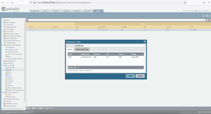 The Palo Alto web user interface displays options to update an existing server or add a new server.
