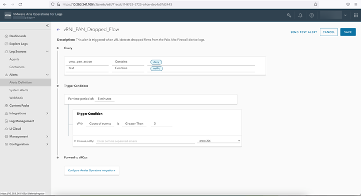 The VMware Aria Operations for Logs user interface displays options to enable alerts and select the preconfigured Webhook.