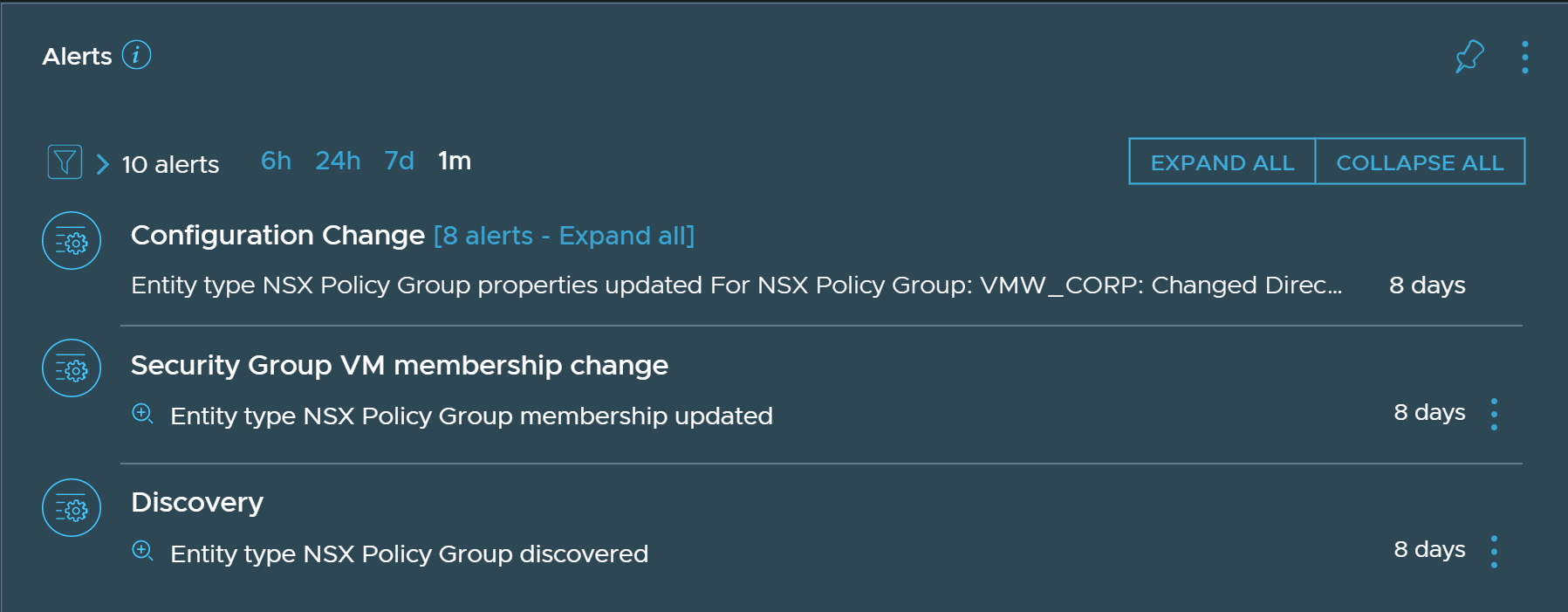 List of alerts displayed for a NSX policy group.