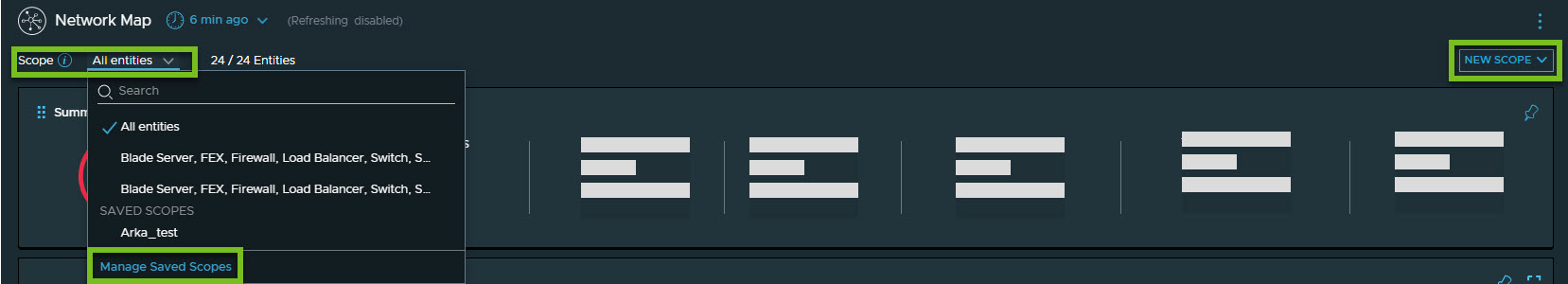 New scope drop-down, scope drop-down, and manage saved scopes option.