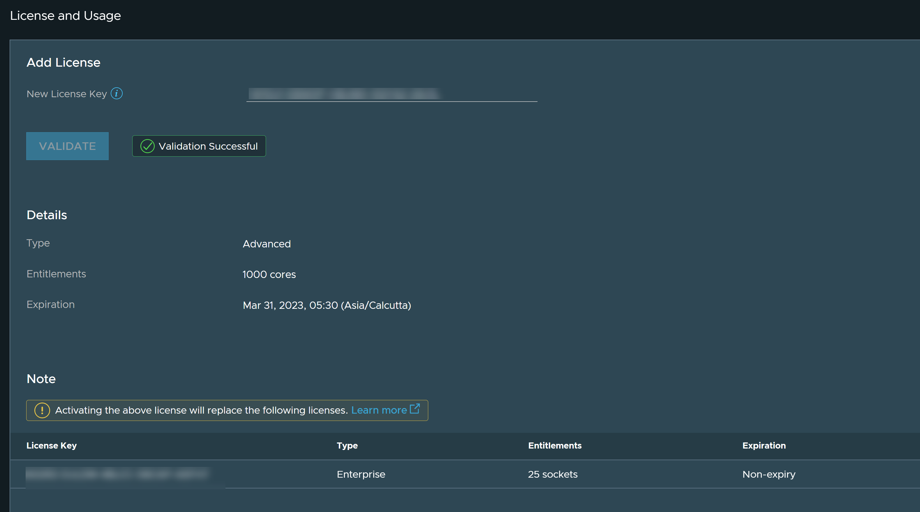 The License and Usage page displays the details of the new Per Core license key. The page also displays the Socket-based license that gets replaced on adding the Per Core license key.