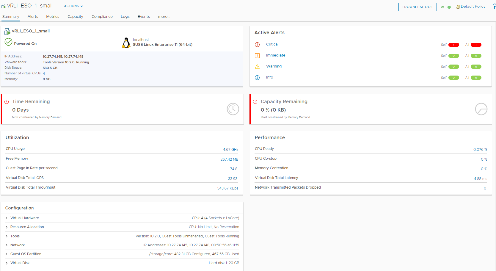 Displays the status of the selected virtual machine. The tab identifies the alerts triggered for the virtual machine for troubleshooting.