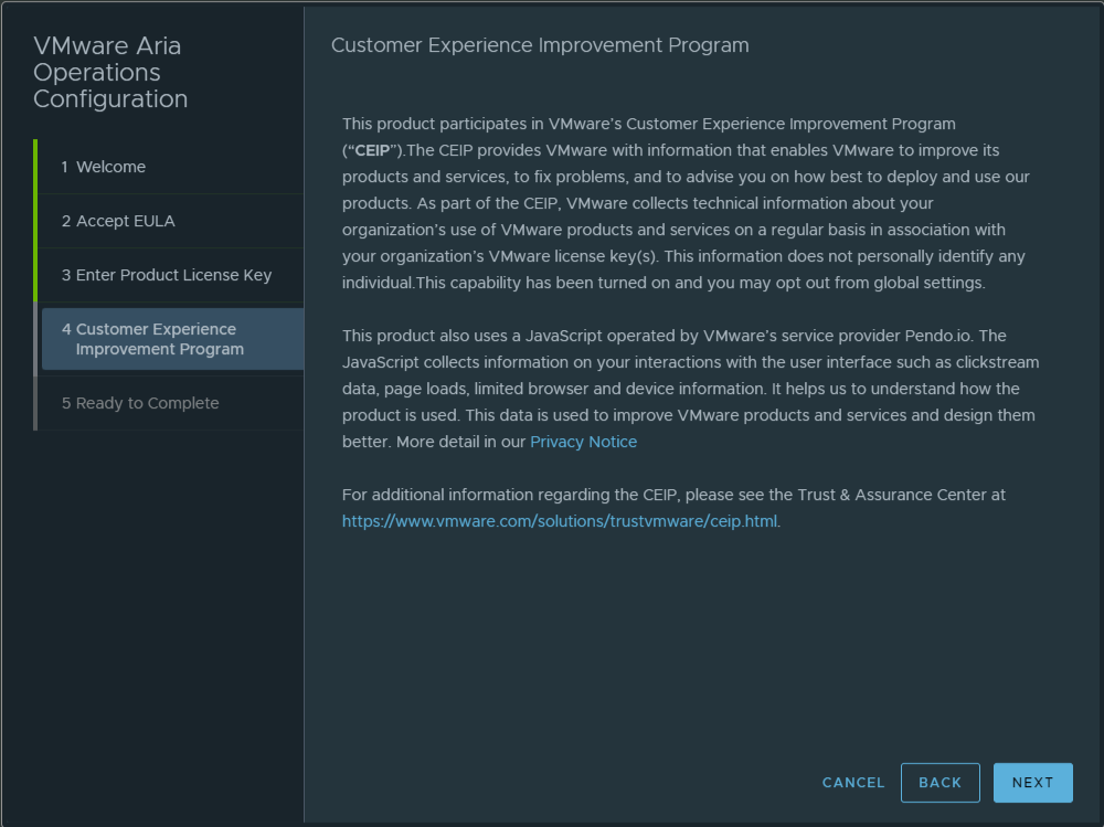 Customer experience improvement program screen