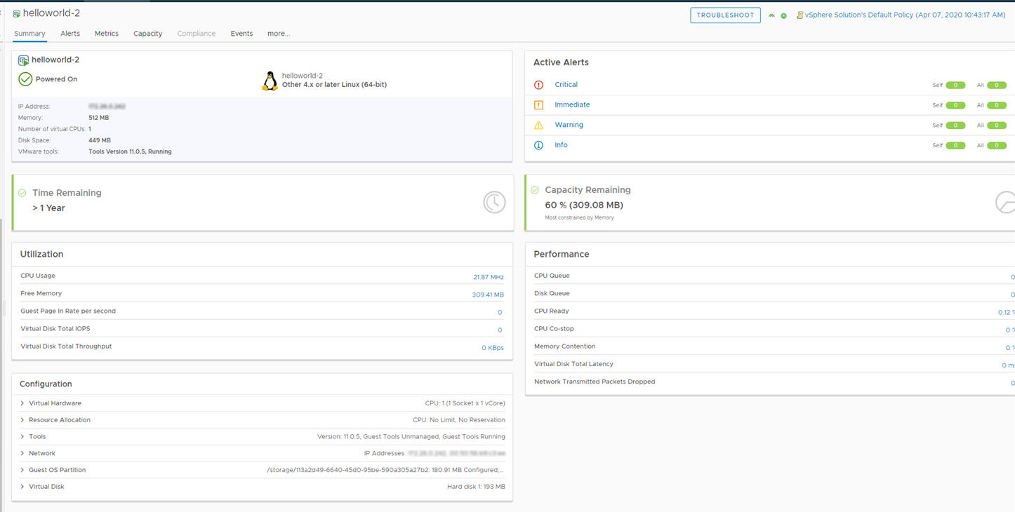 A screenshot of the vSphere Pod summary tab page.