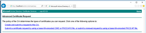 Screen shows the Submit a certificate request ... option as described in the text.