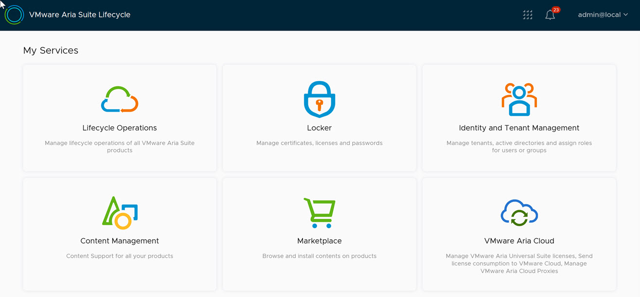 VMware Aria Suite Lifecycle My Services page
