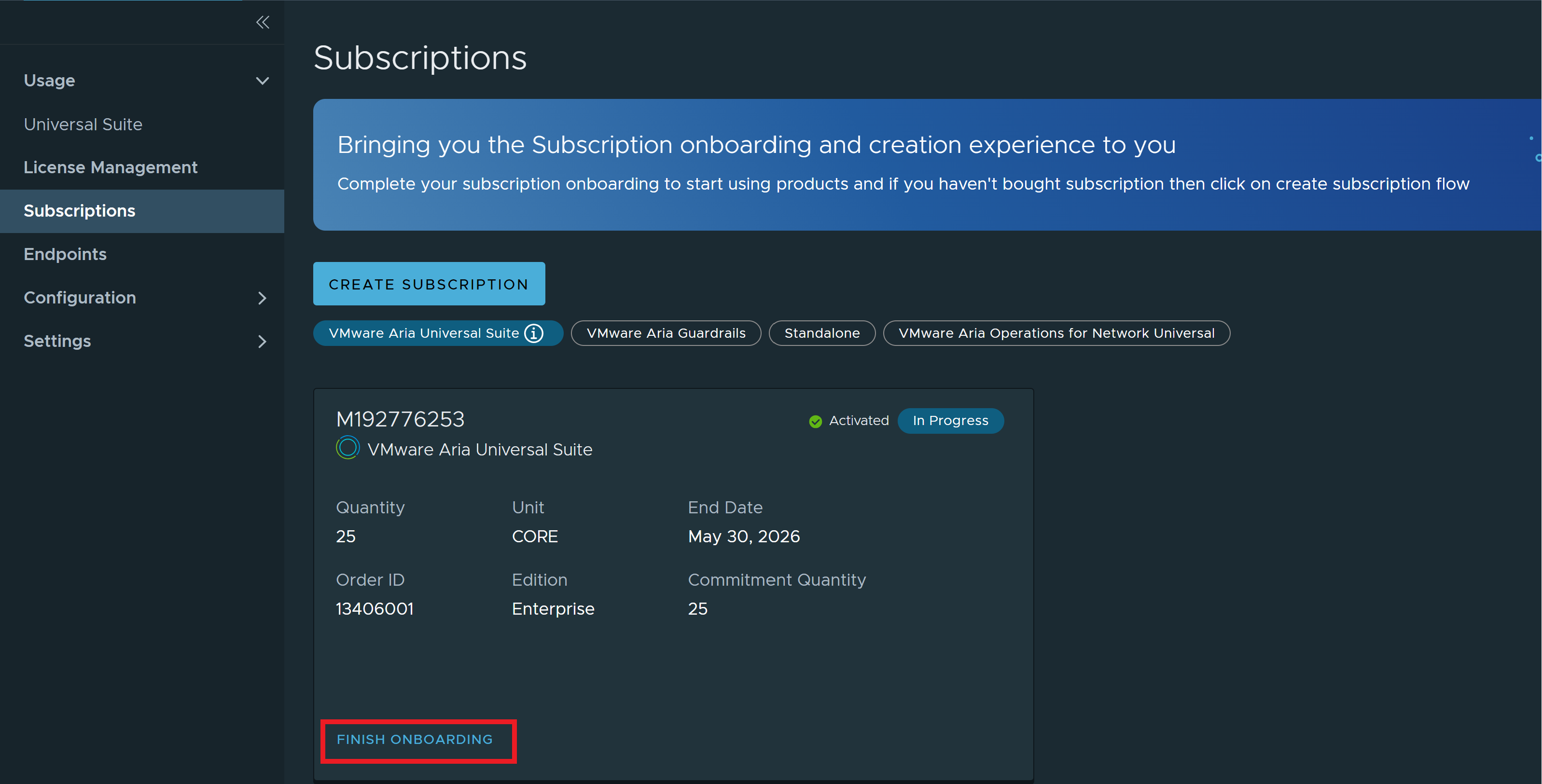 On the Subscription page, Finish Onboarding button is clicked.