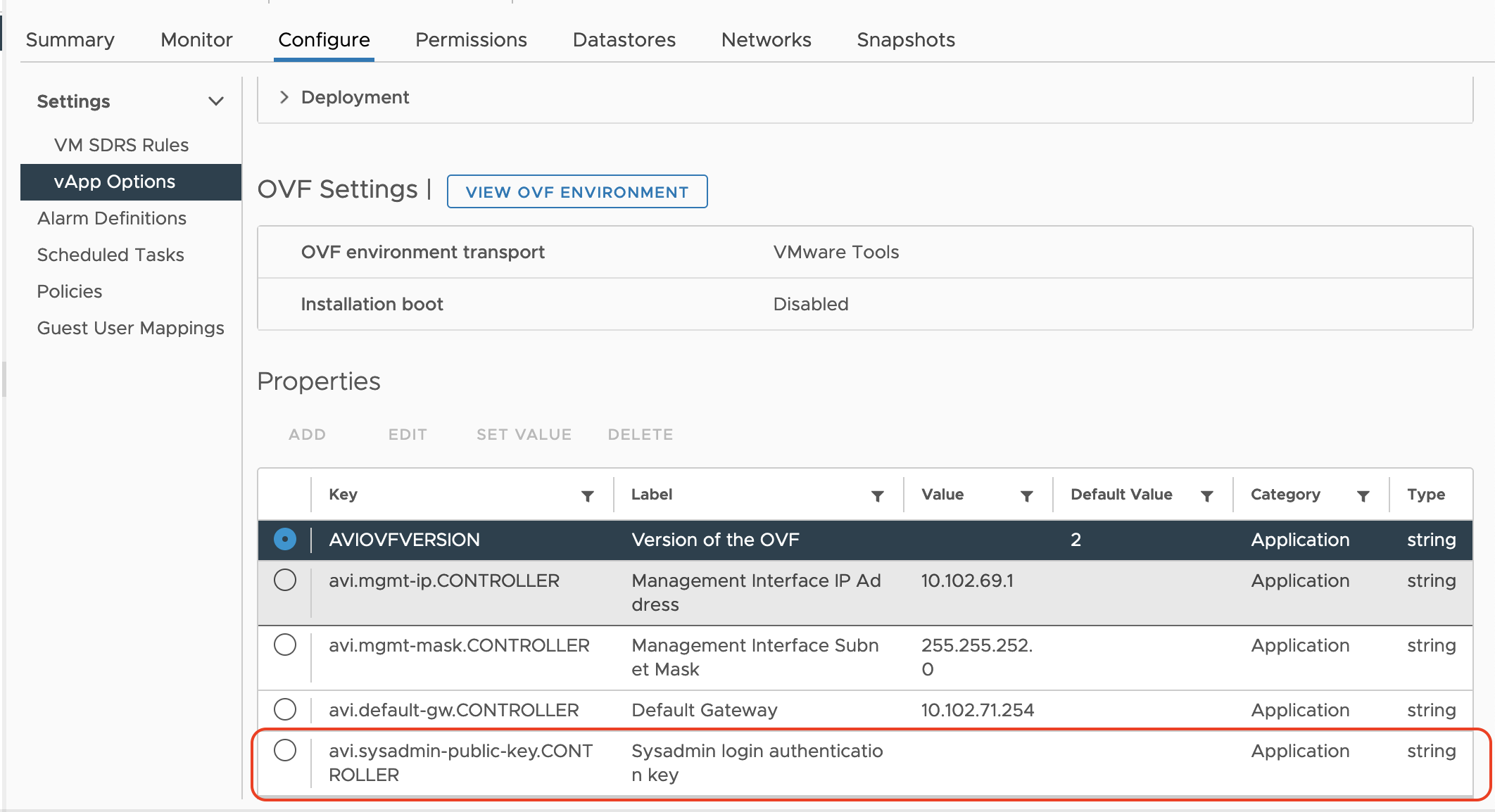 SSH public key location under Configure > vApp settings