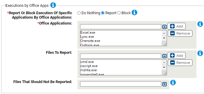 The Executions by Office Apps settings for the Microsoft Office Protection Rapid Config