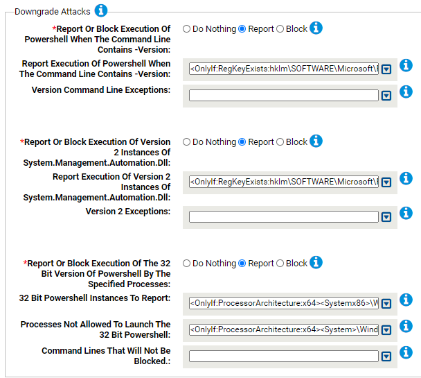 The downgrade attacks settings for the Powershell Protection Rapid Config