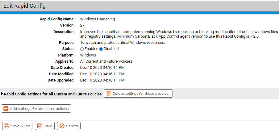 The Edit Rapid Config page for the Windows Hardening Rapid Config