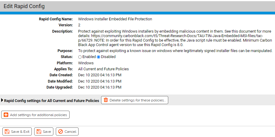 The Edit Rapid Config page for the Windows Installer Embedded File Protection Rapid Config