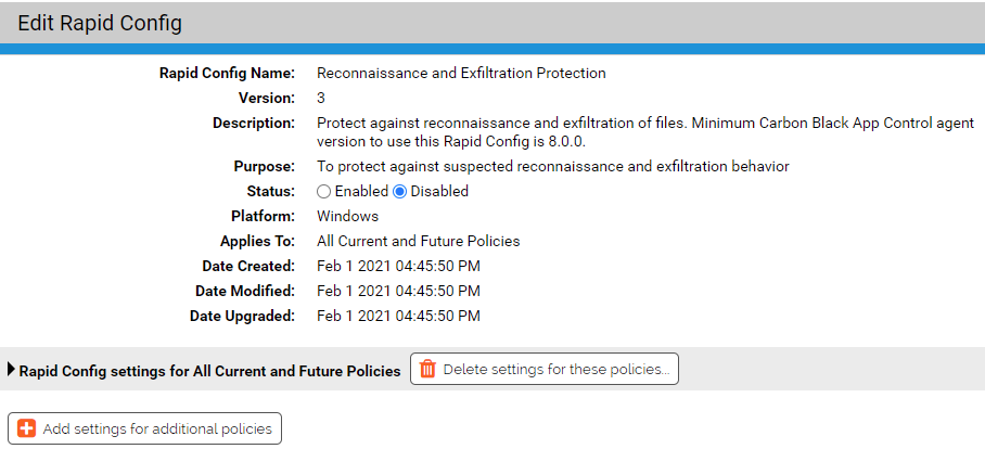 The Edit Rapid Config page for the Reconnaissance and Exfiltration Protection Rapid config