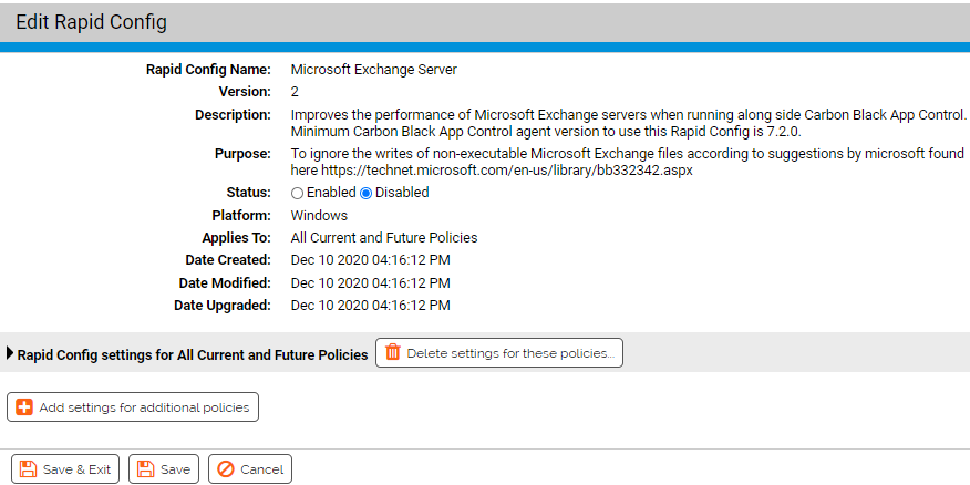 The Edit Rapid Config page for the Microsoft Exchange Server Rapid Config