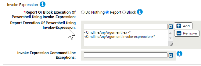 The invoke expression settings for the Powershell Protection Rapid Config