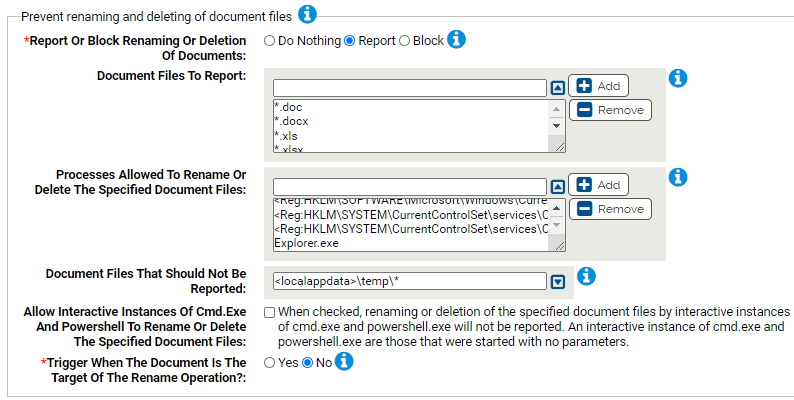 The prevent renaming and deleting of document files settings for the Ransomware Protection Rapid Config