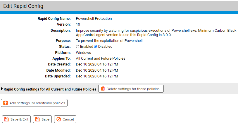 The Edit Rapid Config page for the Powershell Protection Rapid Config