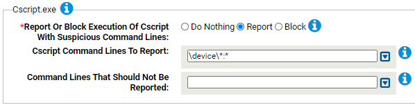 The Cscript.exe settings for the Suspicious Command Line Protection A-M Rapid Config