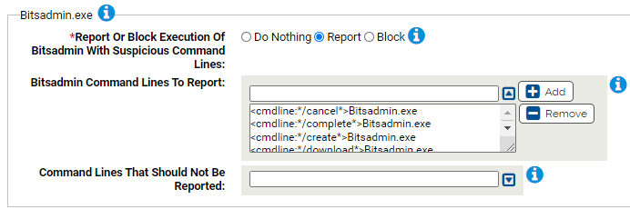 The Bitsadmin.exe settings for the Suspicious Command Line Protection A-M Rapid Config