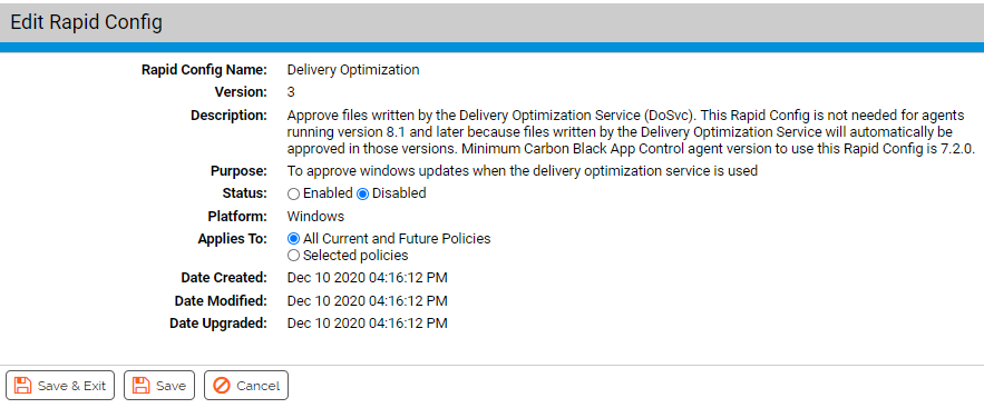 The Edit Rapid Config page for the Delivery Optimization Rapid Config