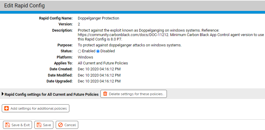 The Edit Rapid Config page for the Doppelganger Protection Rapid Config