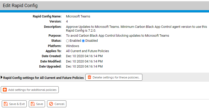 The Edit Rapid Config page for the Microsoft Teams Rapid Config