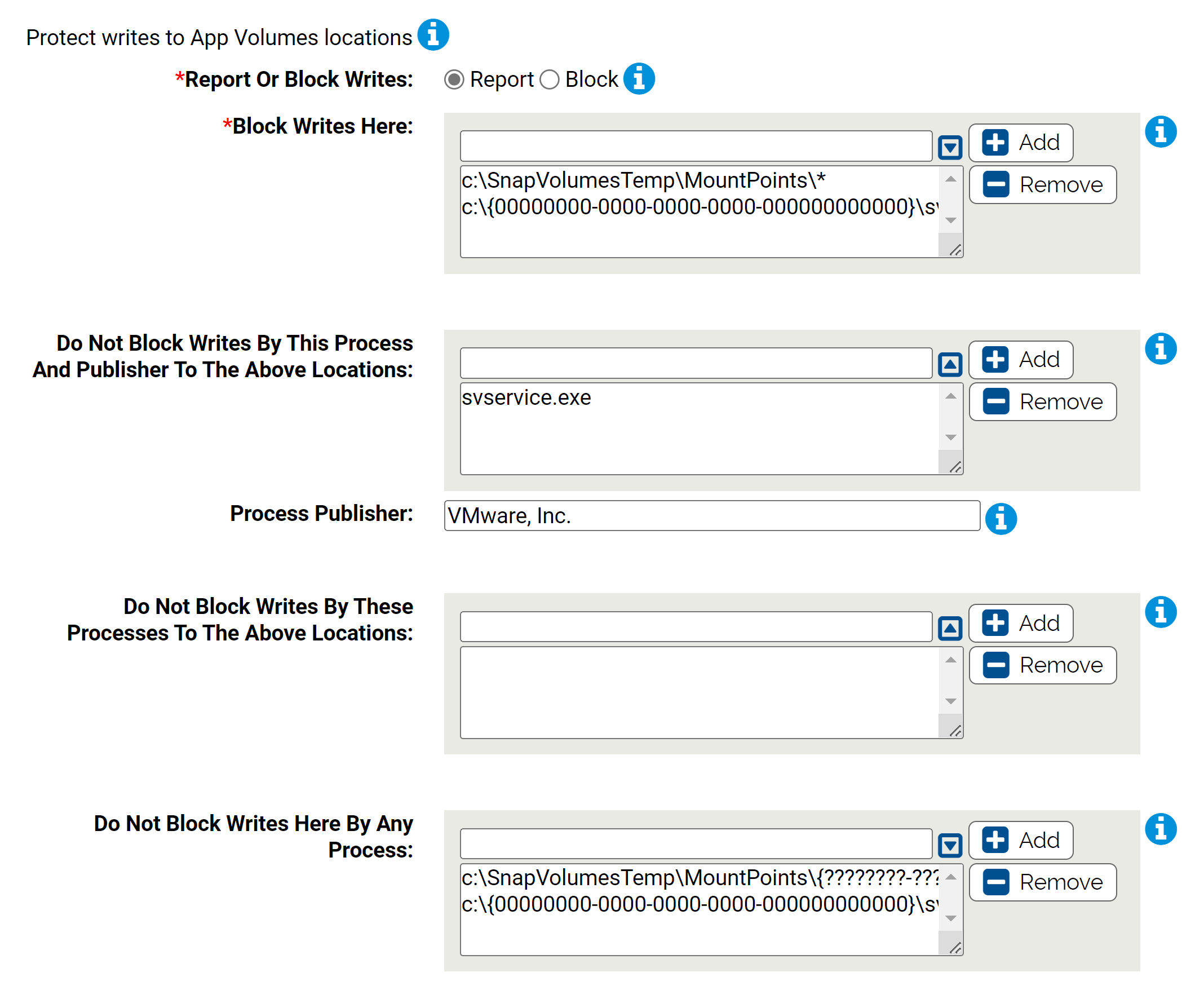 The Protect writes to App Volumes locations settings for the VMware App Volumes Protection Rapid Config