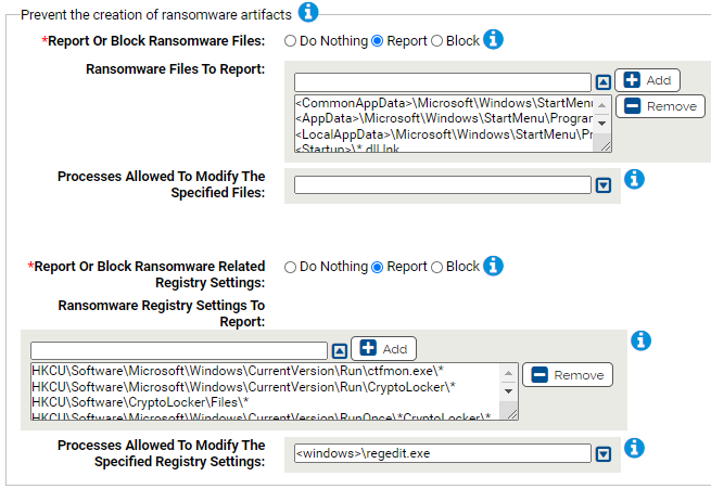 The prevent the creation of ransomware artifacts settings for the Ransomware Protection Rapid Config