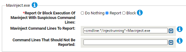 The Mavinject.exe settings for the Suspicious Command Line Protection A-M Rapid Config