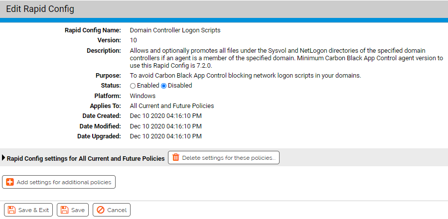 The Edit Rapid Config page for the Domain Controller Logon Scripts Rapid Config