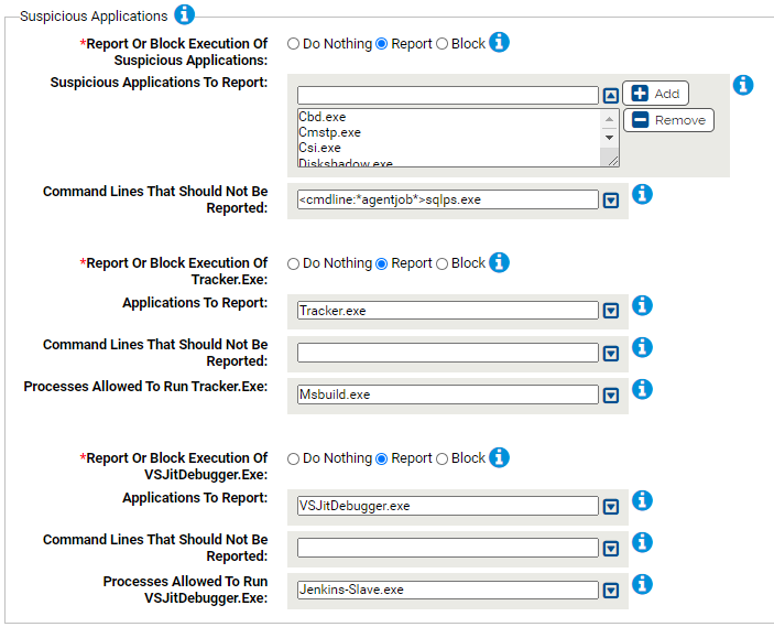 The suspicious application settings for the Suspicious Application Protection Rapid Config