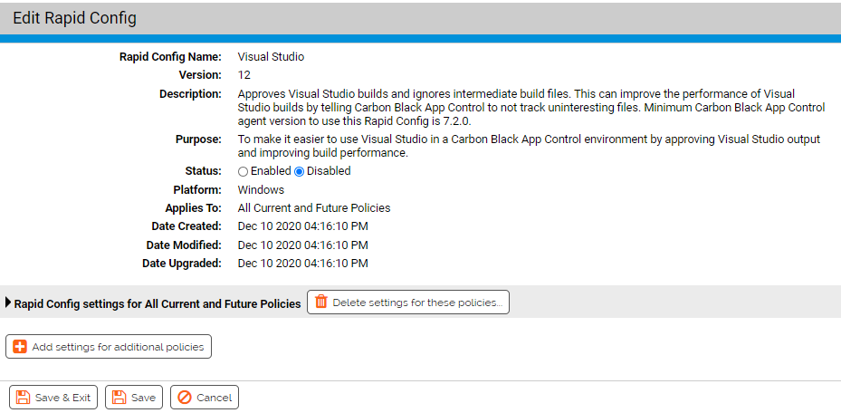 The Edit Rapid Config page for the Visual Studio Rapid Config