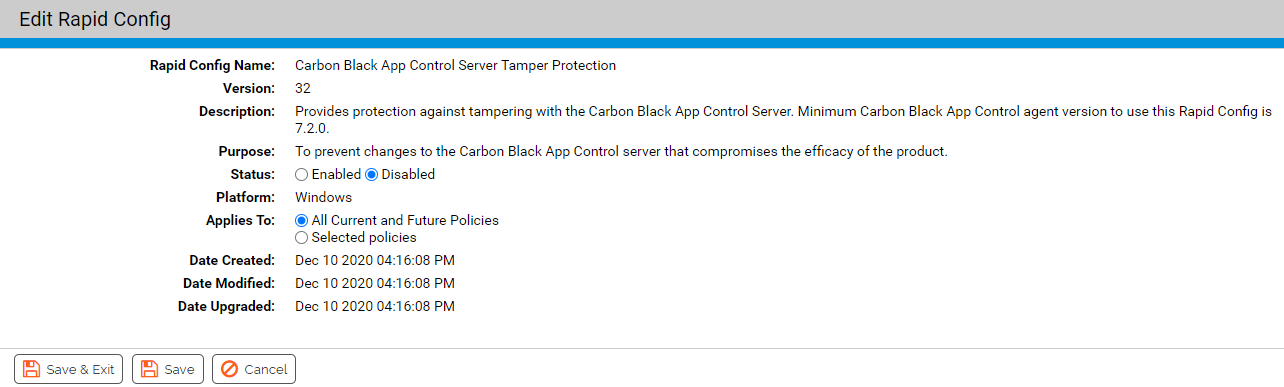 The Edit Rapid Config page for the Carbon Black App Control Server Tamper Protection Rapid Config