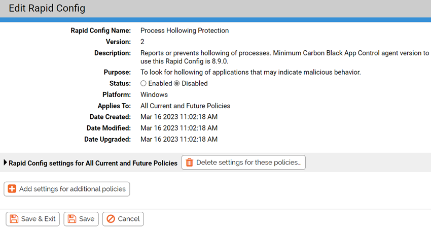 The Edit Rapid Config page for the Process Hollowing Protection Rapid Config