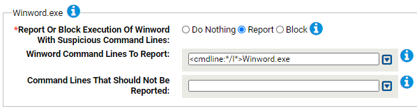 The Winword.exe settings for the Suspicious Command Line Protection N-Z Rapid Config