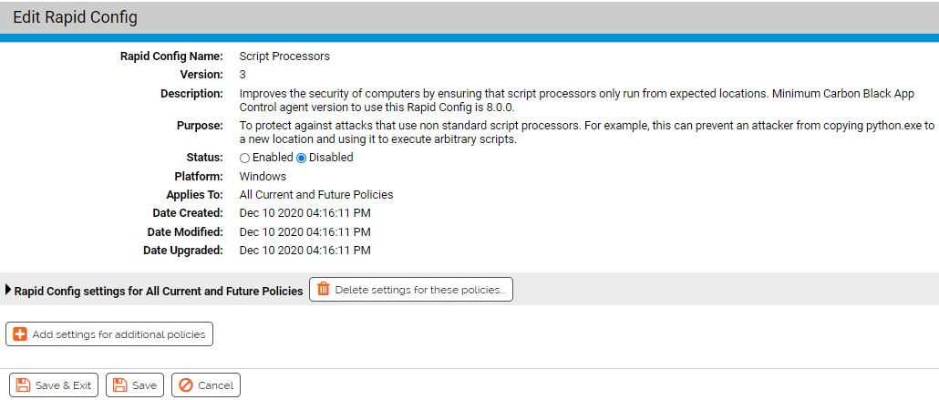 The Edit Rapid Config page for the Script Processors Rapid Config