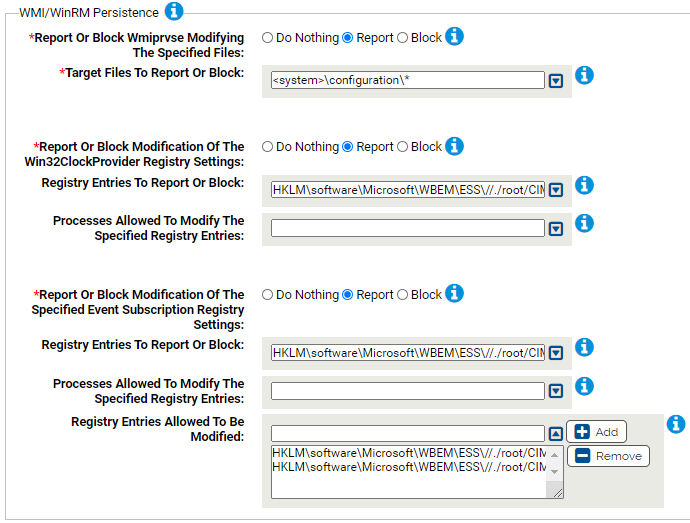 The WMI/WinRM persistence settings for the WMI Protection Rapid Config