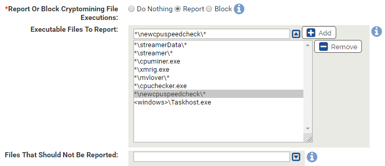 The report, block, or do nothing settings for the Cryptomining Rapid Config