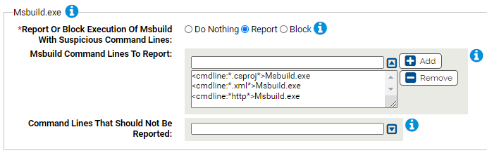 The Msbuild.exe settings for the Suspicious Command Line Protection A-M Rapid Config