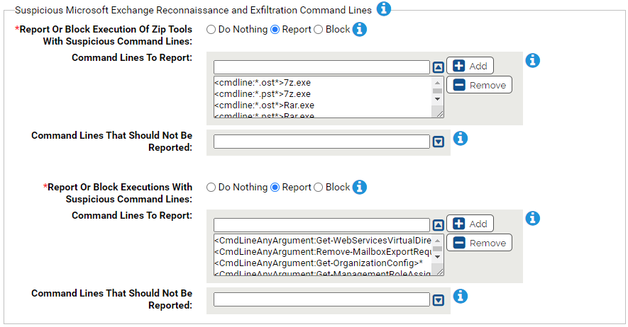 The Suspicious Microsoft Exchange reconnaissance and exfiltration command lines settings for the Reconnaissance and Exfiltration Protection Rapid config