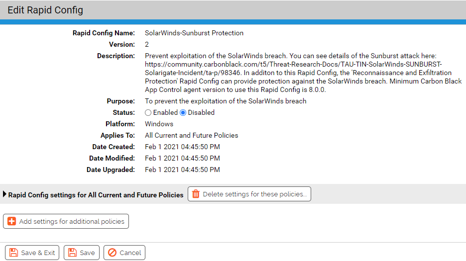 The Edit Rapid Config page for the SolarWinds-Sunburst Protection Rapid Config