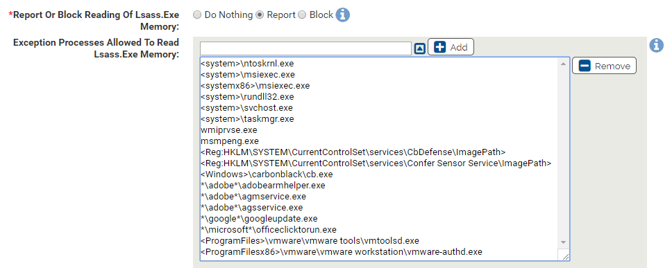 The reading Lsass.exe memory settings for the Mimikatz Rapid Config