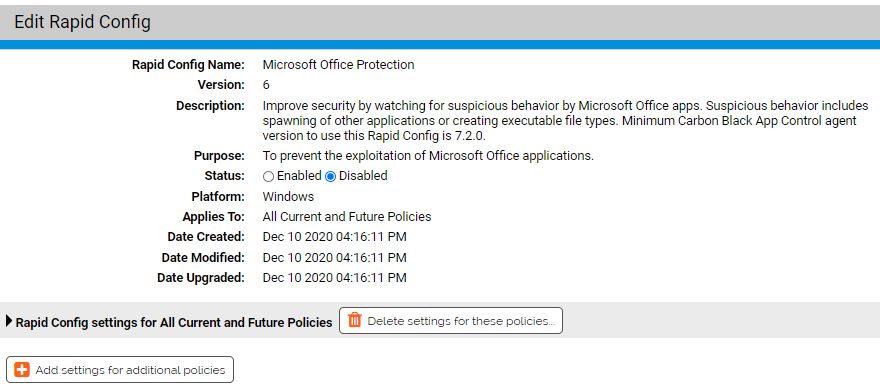 The Edit Rapid Config page for the Microsoft Office Protection Rapid Config