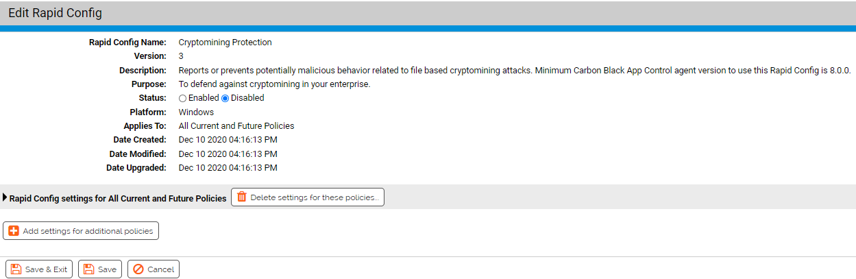 The Edit Rapid Config page for the Cryptomining Rapid Config