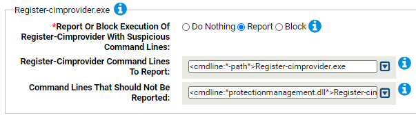 The Register-cimprovider.exe settings for the Suspicious Command Line Protection N-Z Rapid Config