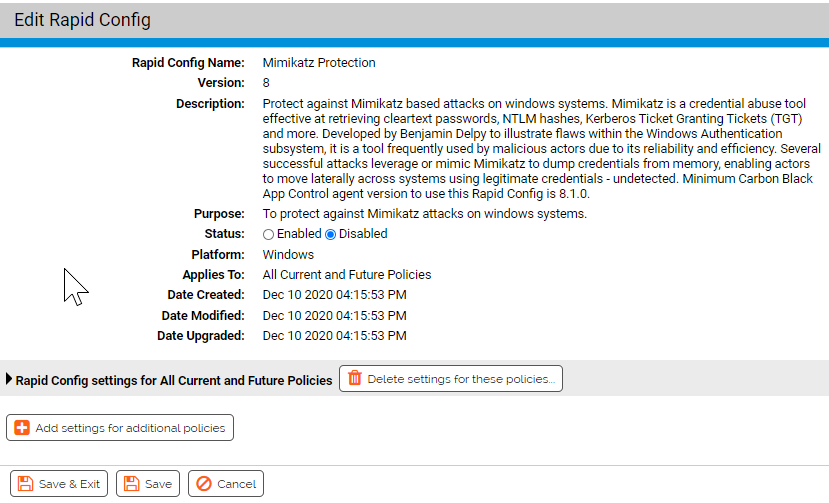 The Edit Rapid Config page for the Mimikatz Rapid Config