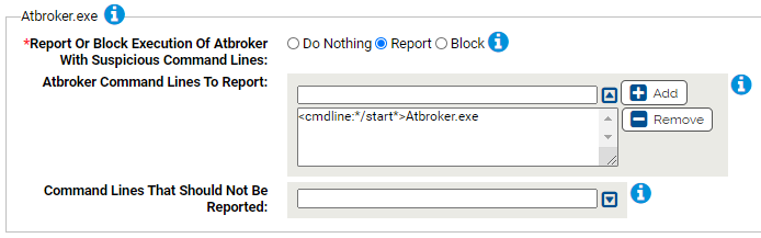 The Atbroker.exe settings for the Suspicious Command Line Protection A-M Rapid Config