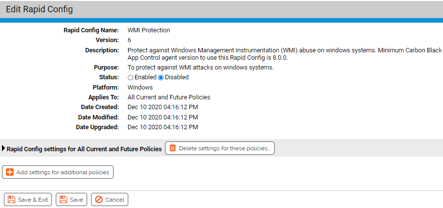 The Edit Rapid Config page for the WMI Protection Rapid Config
