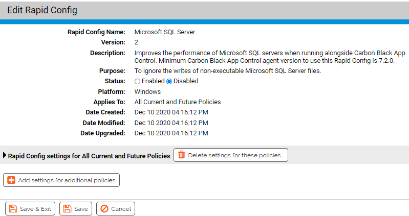 The Edit Rapid Config page for the Microsoft SQL Server Rapid Config